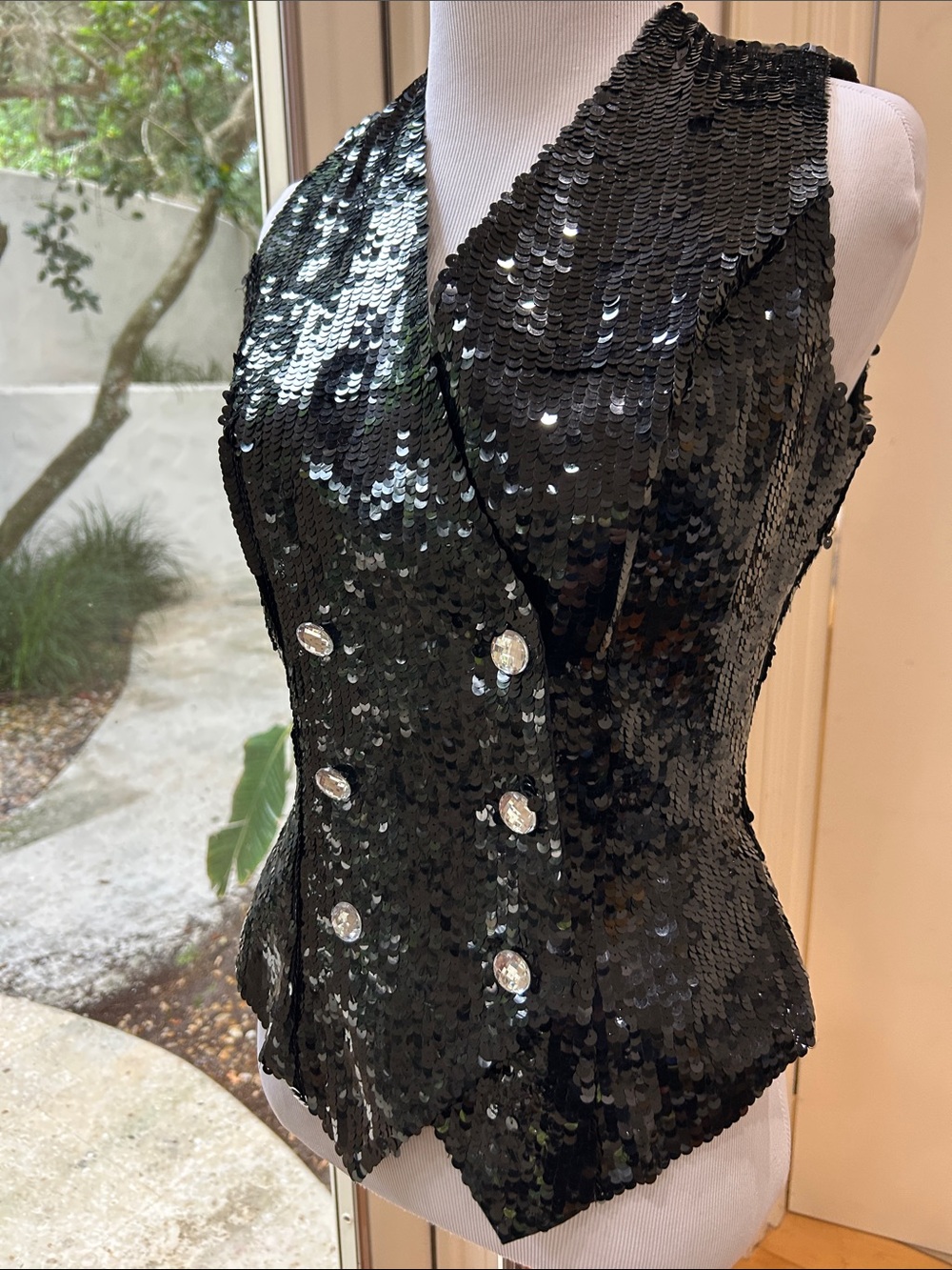 Vintage Black Sequin Double Breasted Vest with Crystal Buttons